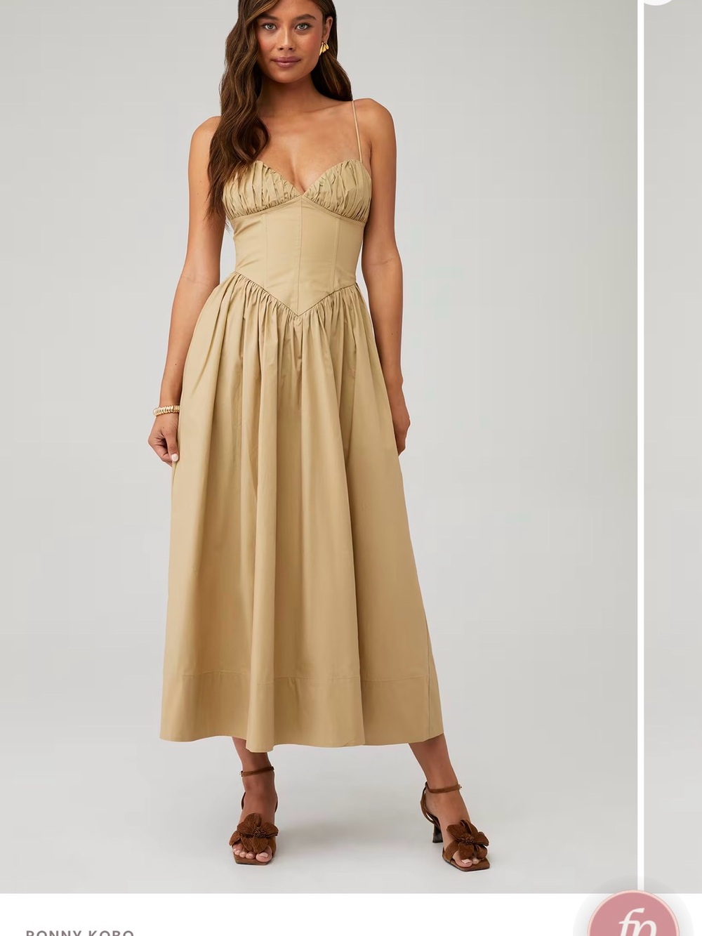 Ronny Kobo Carmine Beige Midi Sundress with Corset Bodice